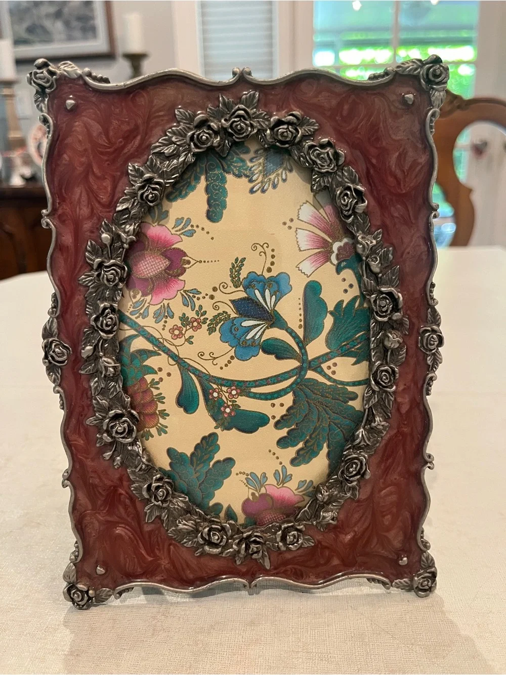 Vintage rose pink swirl enamel and silver rose floral oval frame. So sweet!